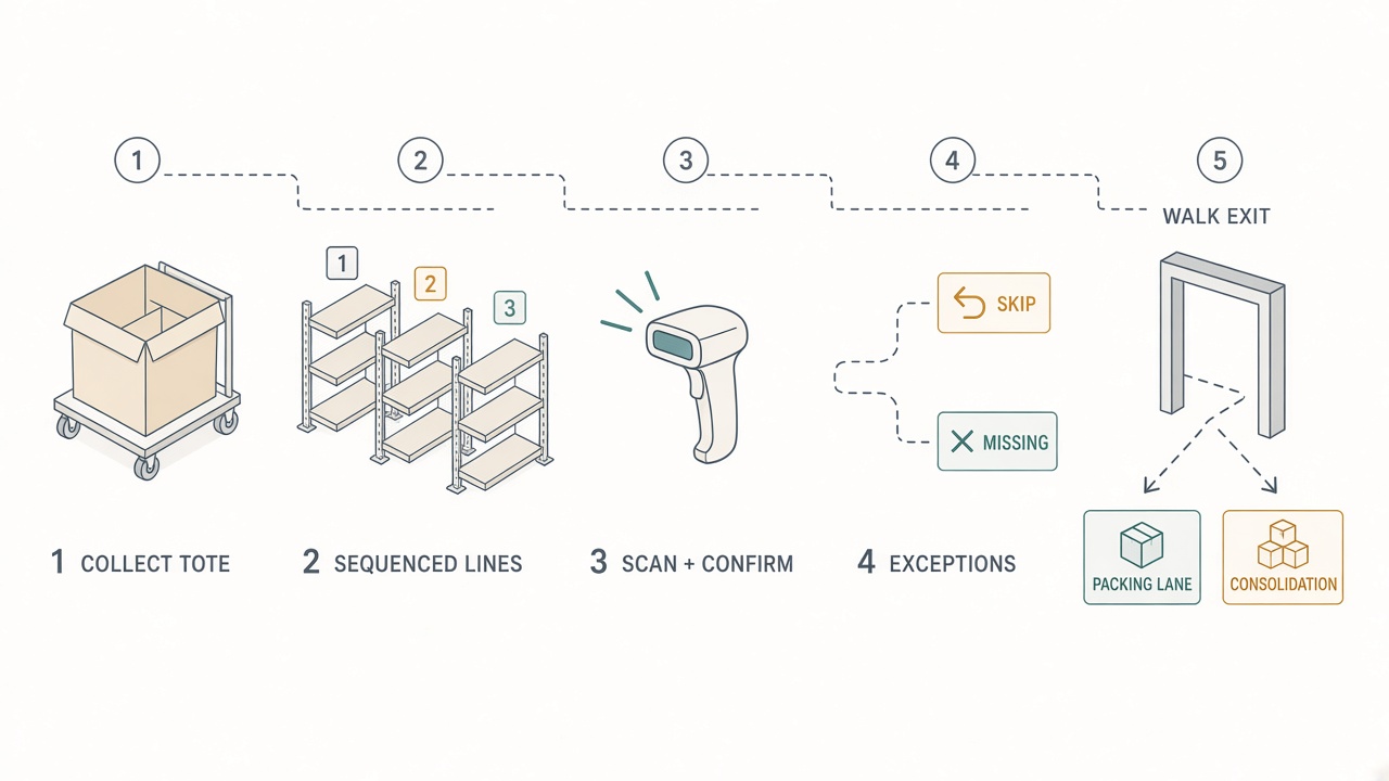 Anatomy of a bundle pick walk on the handheld scanner path contrasted with paper picking print-assign-and-scan completion, showing tote collection, sequenced lines, and separate confirm steps