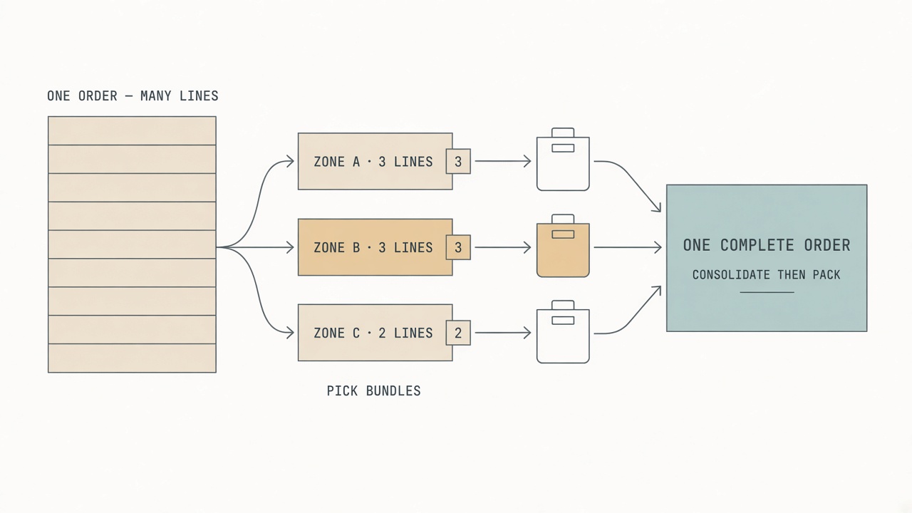 Diagram comparing product bundles in catalog data with pick bundles as zone work units on a handheld walk, showing one order split into multiple OrderBundles by warehouse zone
