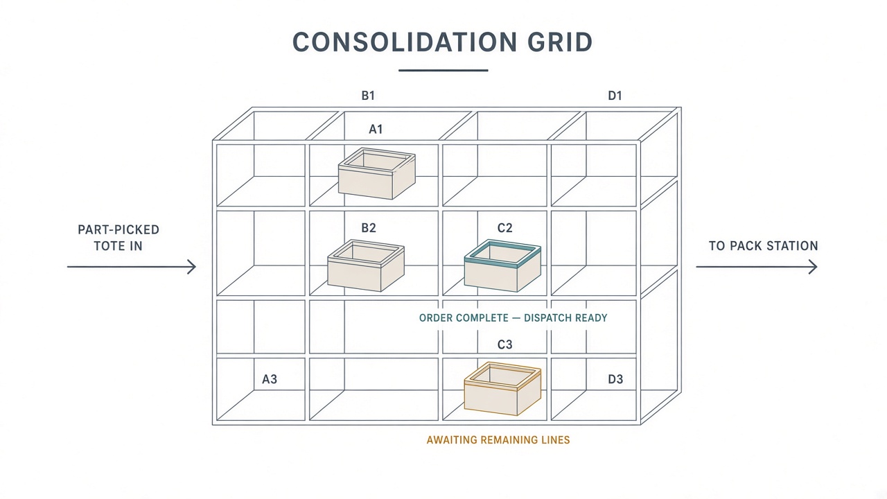 Consolidation park grid diagram showing part-picked totes scanned into grid slots, supervisor view of occupied bays, and handoff arrow to the packing area when all bundles for an order are complete