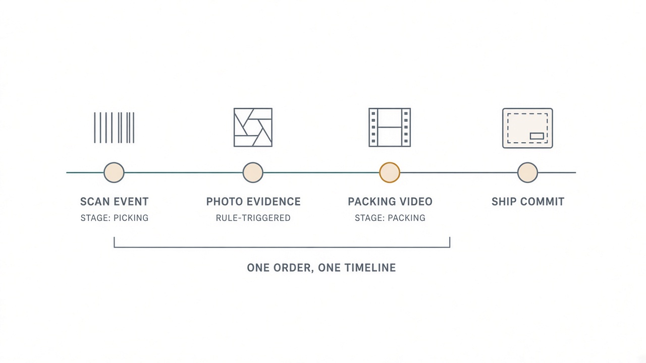 Evidence chain from pick scan confirmation and optional rule-driven photo through packing station video to despatch commit, with supervisor review points on the order