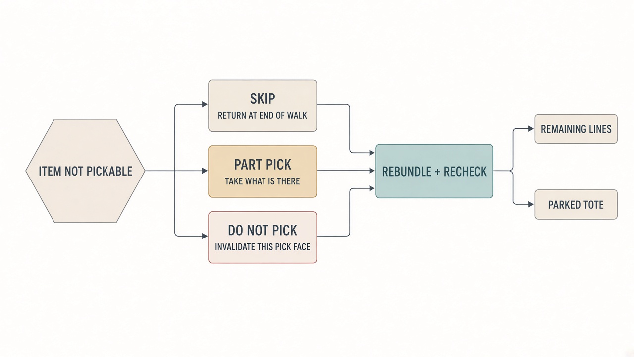 Decision flowchart for missing stock during picking showing Skip, Part pick, and Do Not Pick paths, forced skip quantities, rebundle, and walk exit confirmation before consolidation or packing