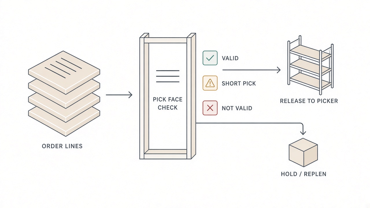 Pick-face validation gate diagram showing order release blocked until bundle lines show Valid status, with Short pick, Empty, and Not valid paths returning work to the pick queue