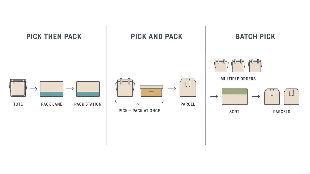 Pick flow modes compared diagram showing pick-then-pack bundle picking, pick-and-pack, and batch pick as implemented paths in the live WMS