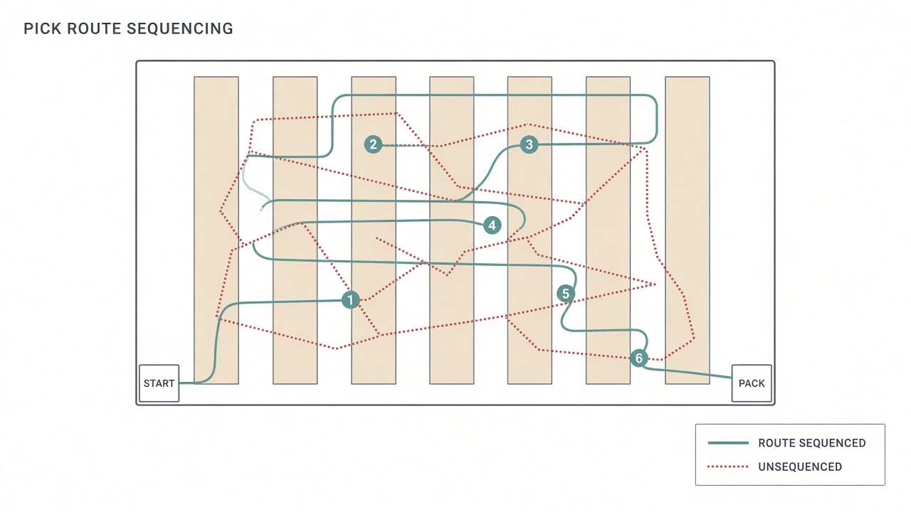 Pick route sequencing diagram showing bays mapped to a route, zones assigned to routes, and pick jobs sorted in walk order on the handheld device