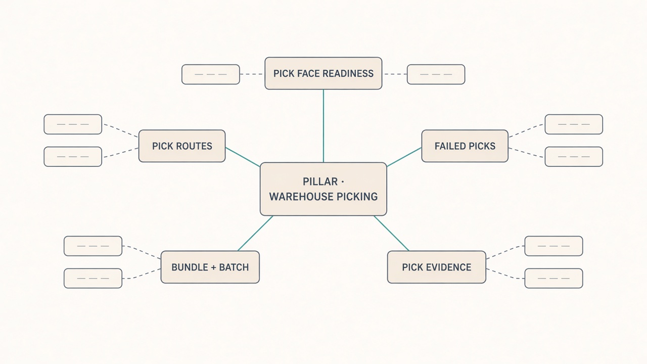 Content cluster map showing order release from the pool flowing into bundle building, pick queue, pick-face validation, and handheld picking workflows